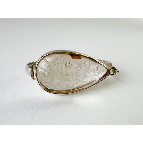 Golden Rutile Quartz Sterling Latch Bangle 925 Silver Bracelet - Picture 1 of 5